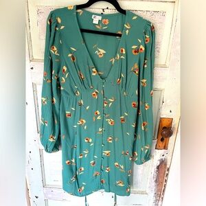 BILLABONG large summer mini dress coverup Deep V neck teal green floral